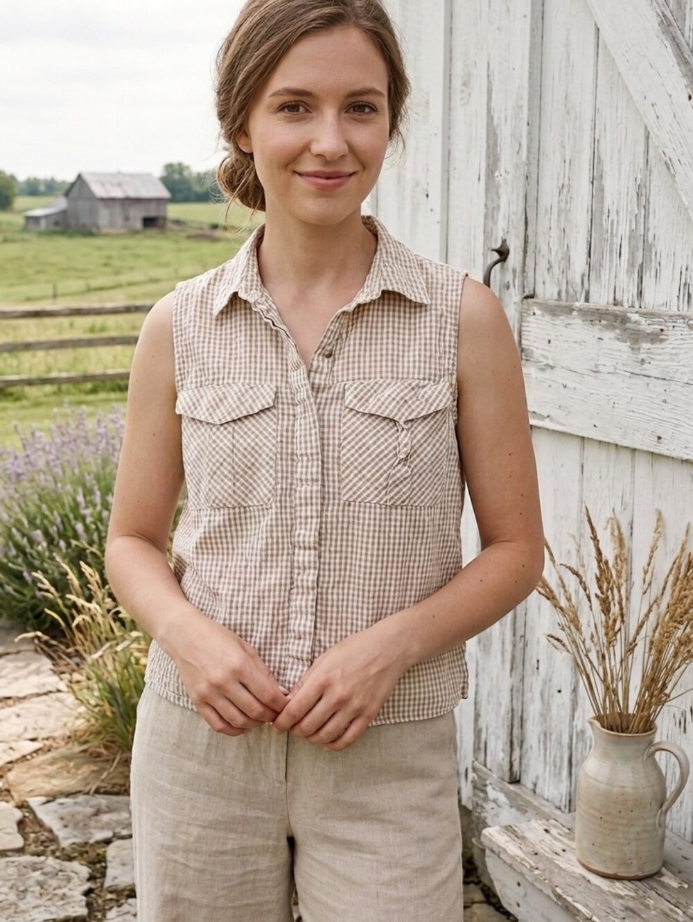 SIM & SAM SLEEVELESS TAN GINGHAM COTTON FISHERMAN BUTTON DOWN SHIRT VEST MEDIUM - Picture 2 of 2